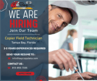 Apply for a copier repair technician career in tampa, florida here. Bay Copy & Data is hiring field service copier techs in clearwater, oldsmar, st pete and tampa bay area.